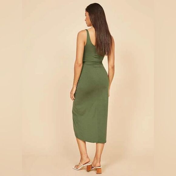 Reformation Jeans Olive Green Midi Wrap Dress S Tencel Stretch Scoop Neck USA - Picture 11 of 11
